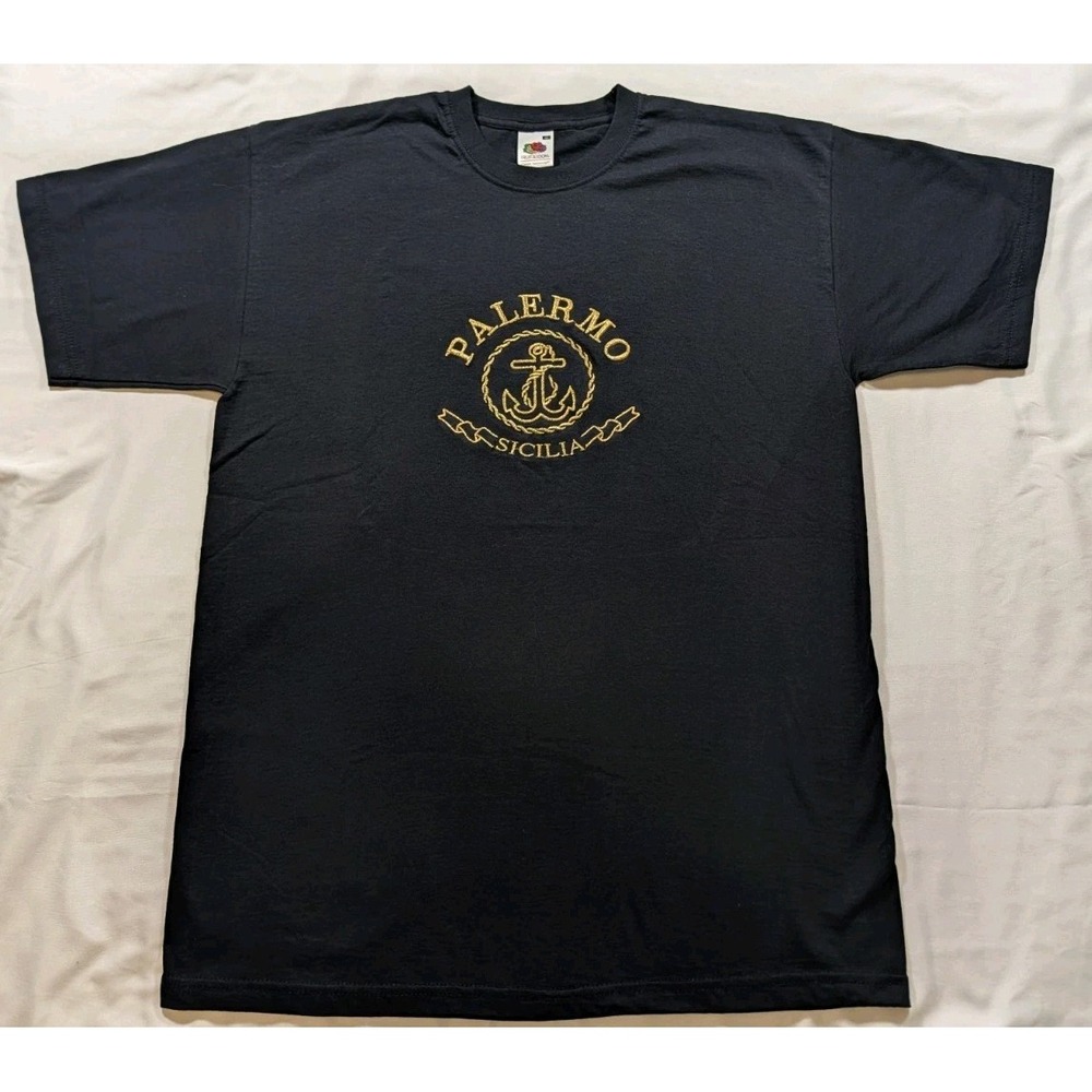 Fruit of the Loom Palermo Sicilia T Shirt Men Med Black Embroidered Anchor Italy